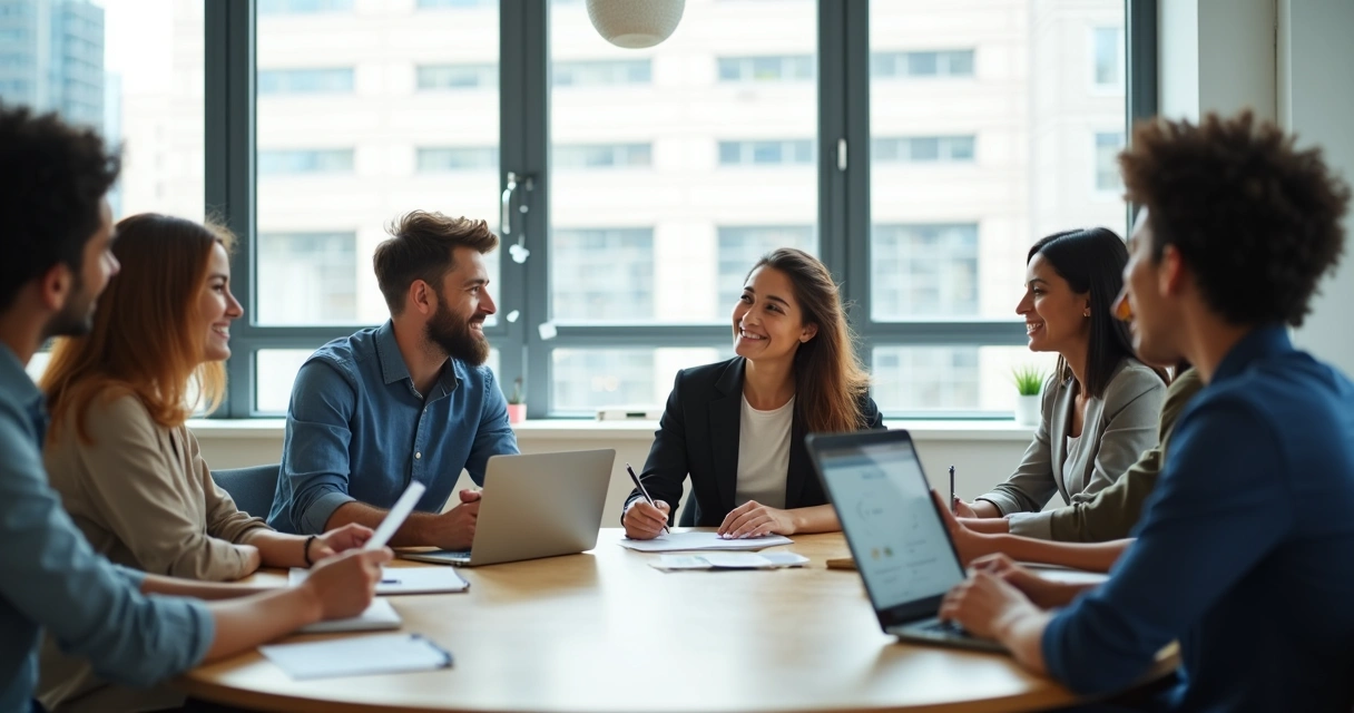 Jovens líderes em roda de mentoria entre pares em ambiente corporativo moderno 