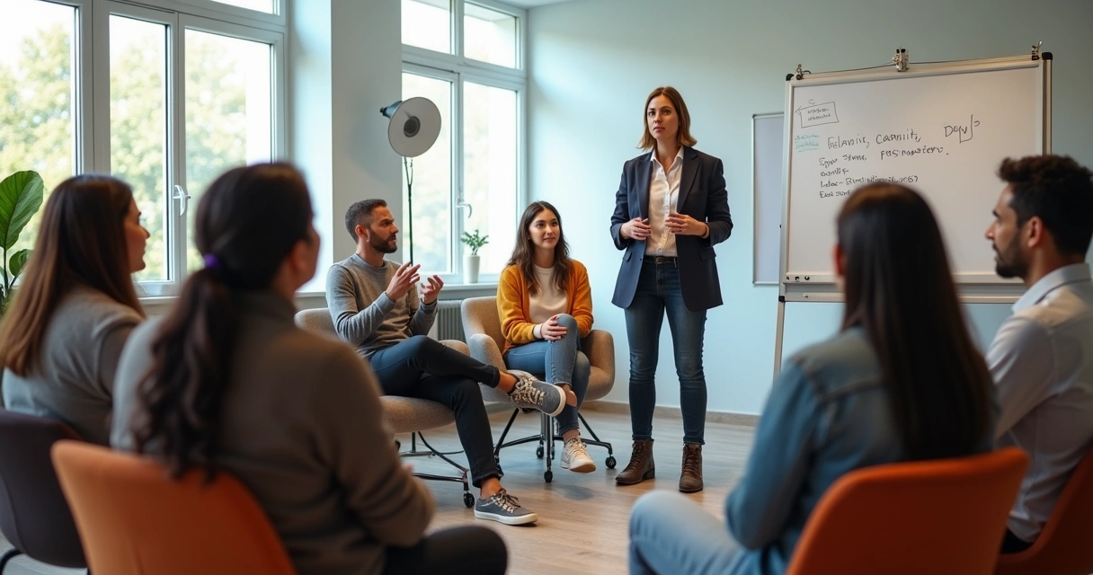 Equipe diversa em roda interagindo com mentor em sala iluminada 