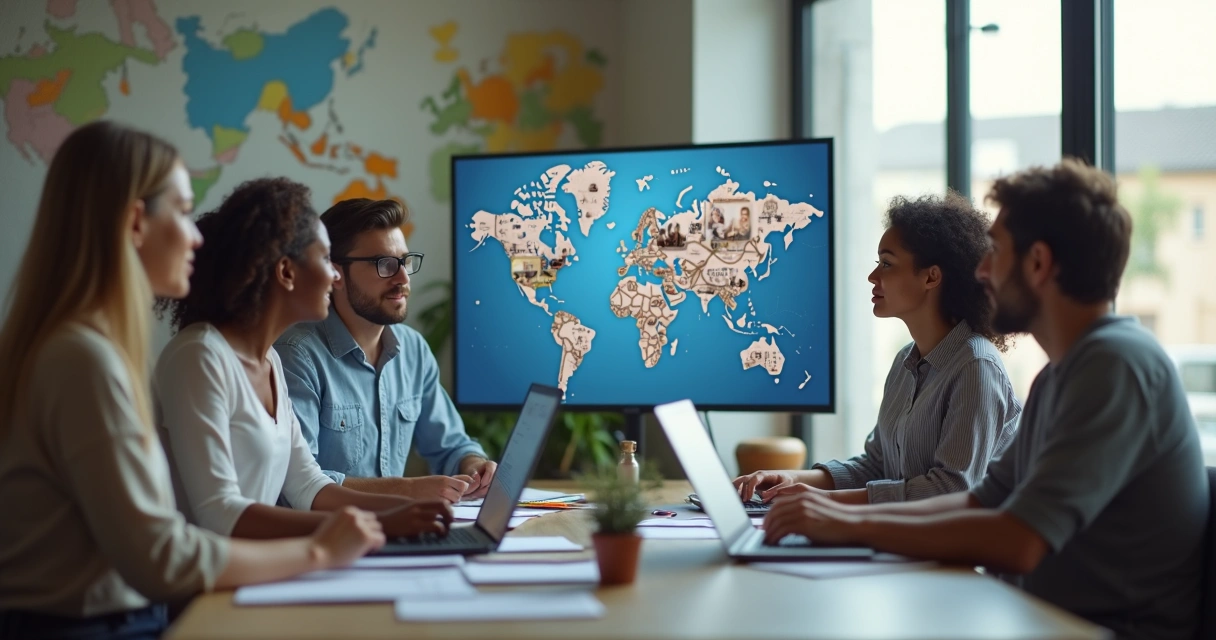 Mentor orientando equipe multicultural em reunião online
