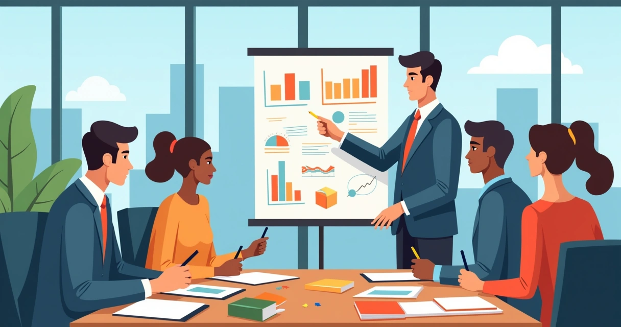 Mentora orientando equipe durante sessão de mentoria em ambiente colaborativo. 