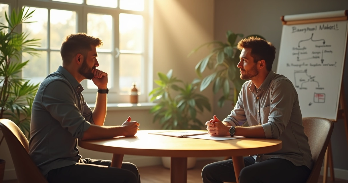 Mentor ouve atentamente mentorado em ambiente tranquilo 