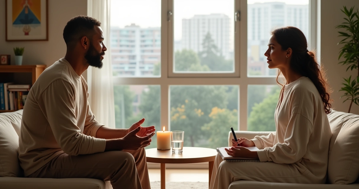 Mentor espiritual orientando pessoa em conversa profunda em ambiente acolhedor 