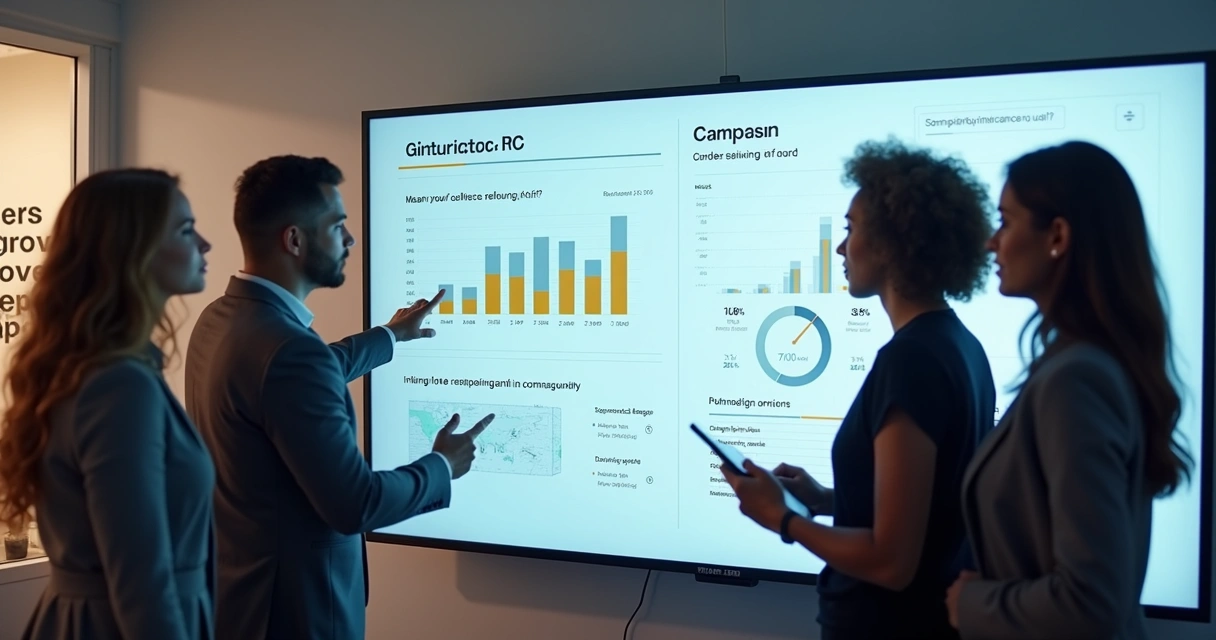 Equipe reunida analisando KPIs de campanhas digitais em grande tela 
