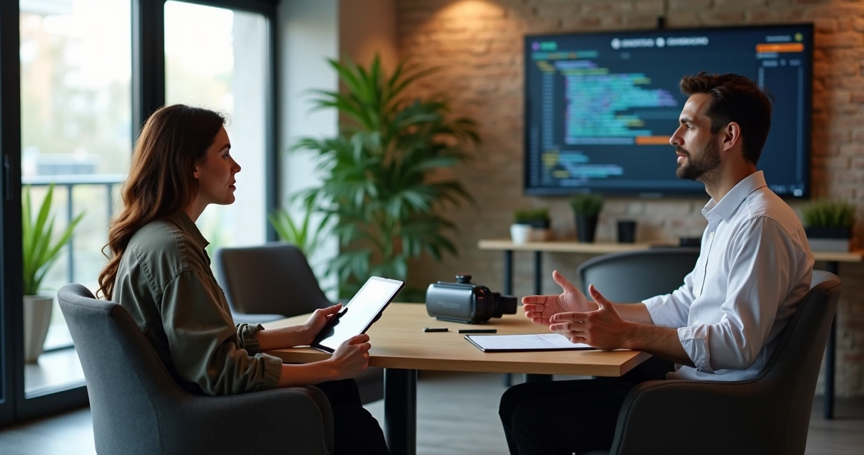 Mentor e mentorado conversando em um ambiente moderno de tecnologia 