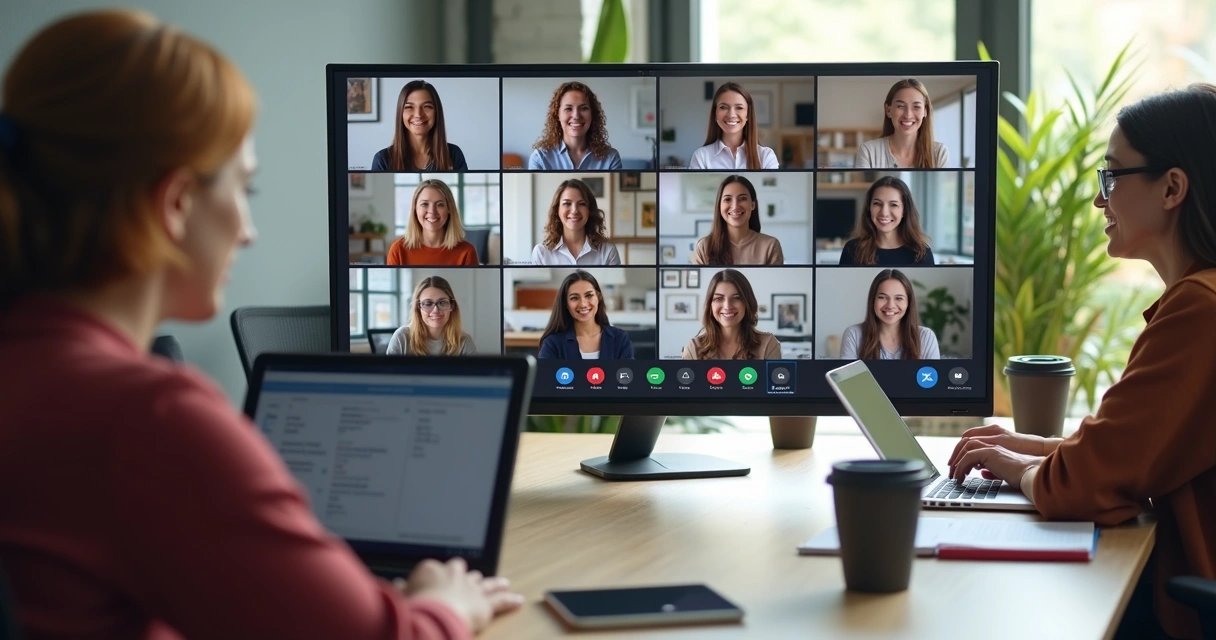 Grupo de mulheres em reunião virtual em laptops, telas divididas com rostos atentos, anotações e xícaras de café à frente, ambiente claro e profissional.