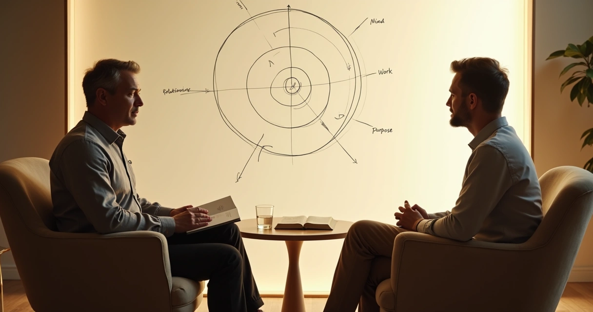 Mentor e pessoa em frente a grande quadro com esquema de consciência e vida 