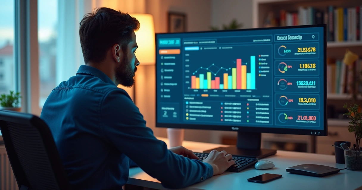 Consultor financeiro usando plataforma digital com gráficos em tela 