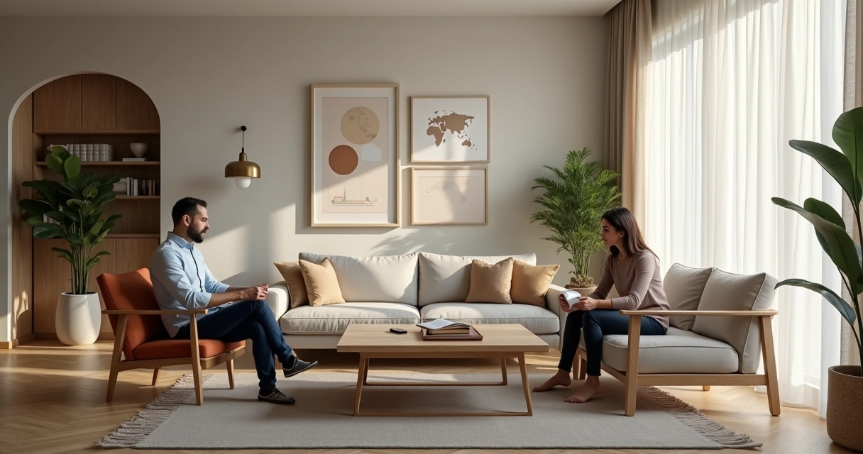 Encontro acolhedor de mentoria financeira em sala moderna com quadro de sonhos ao fundo 