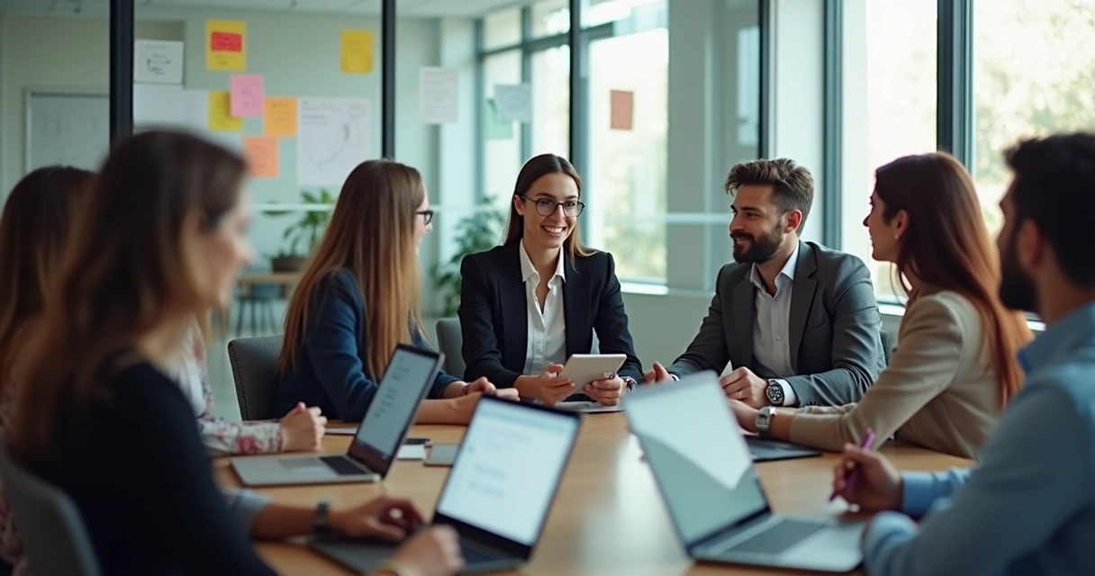 Mentora orientando um grupo diverso em ambiente de trabalho, reunidos em círculo, todos atentos à discussão. 