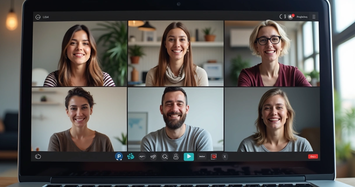 Grupo de pessoas em videochamada de mentoria, tela dividida, expressões atentas, ambiente virtual moderno 