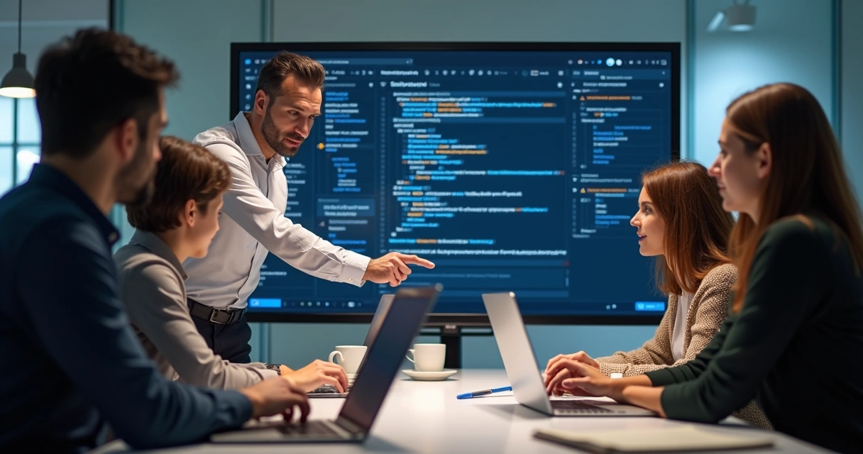Grupo em mentoria técnica analisando projeto com IA 