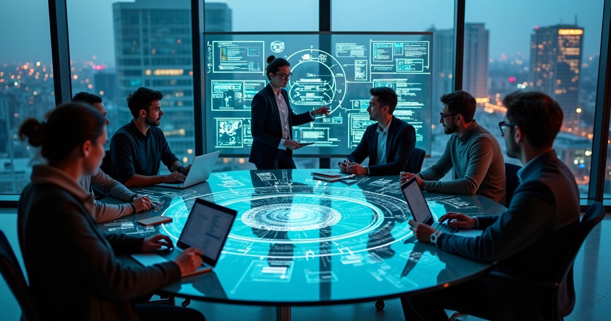 Time de tecnologia em mentoria em grupo ao redor de uma mesa redonda digital 