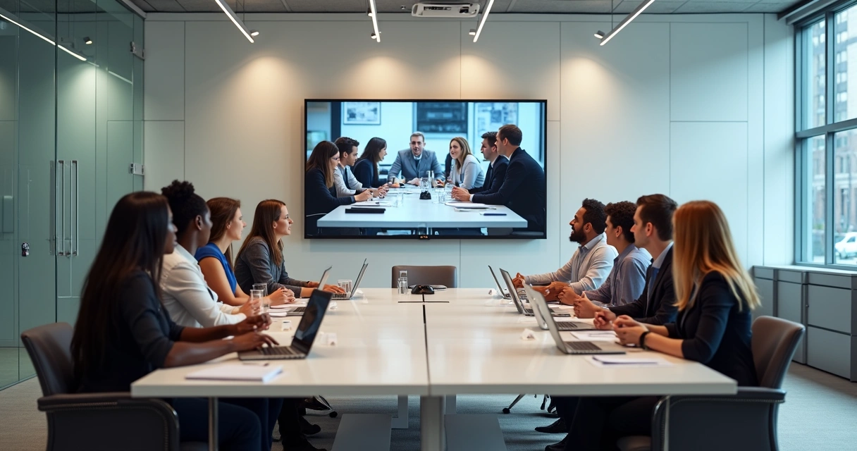 Equipe reunida para mentoria híbrida em sala moderna e tecnológica