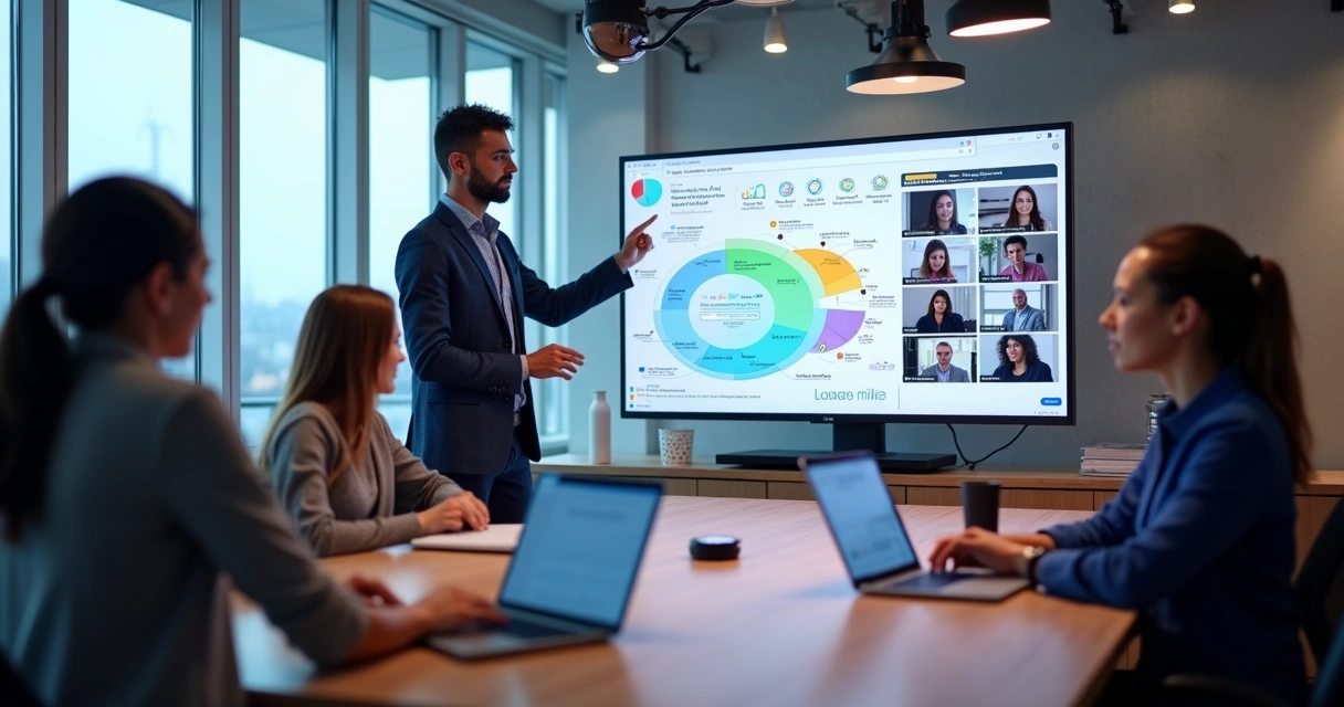 Mentor conduzindo mentoria híbrida com grupo em videoconferência e presencial 