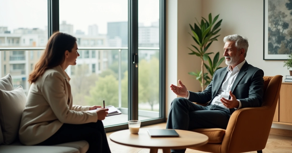 Mentora conduz conversa com profissional em ambiente acolhedor 