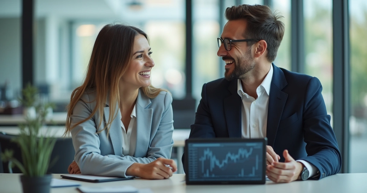 Sessão de mentoria financeira em escritório moderno com casal sorridente 