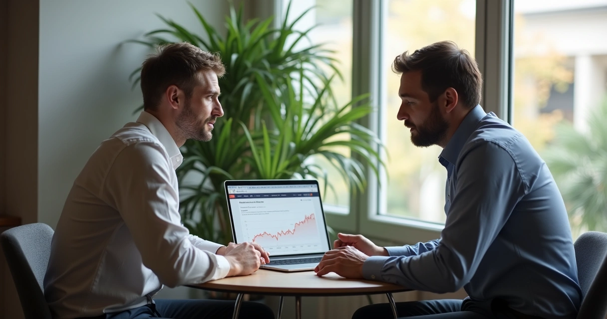 Reunião entre mentor e mentorado olhando gráficos de vendas em notebook 