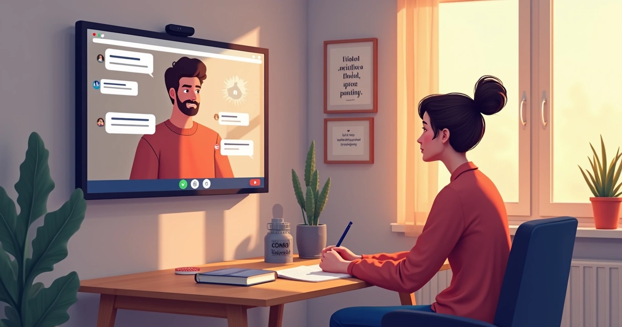 Jovem em videoconferência com mentor em notebook, mostrando conexão virtual 