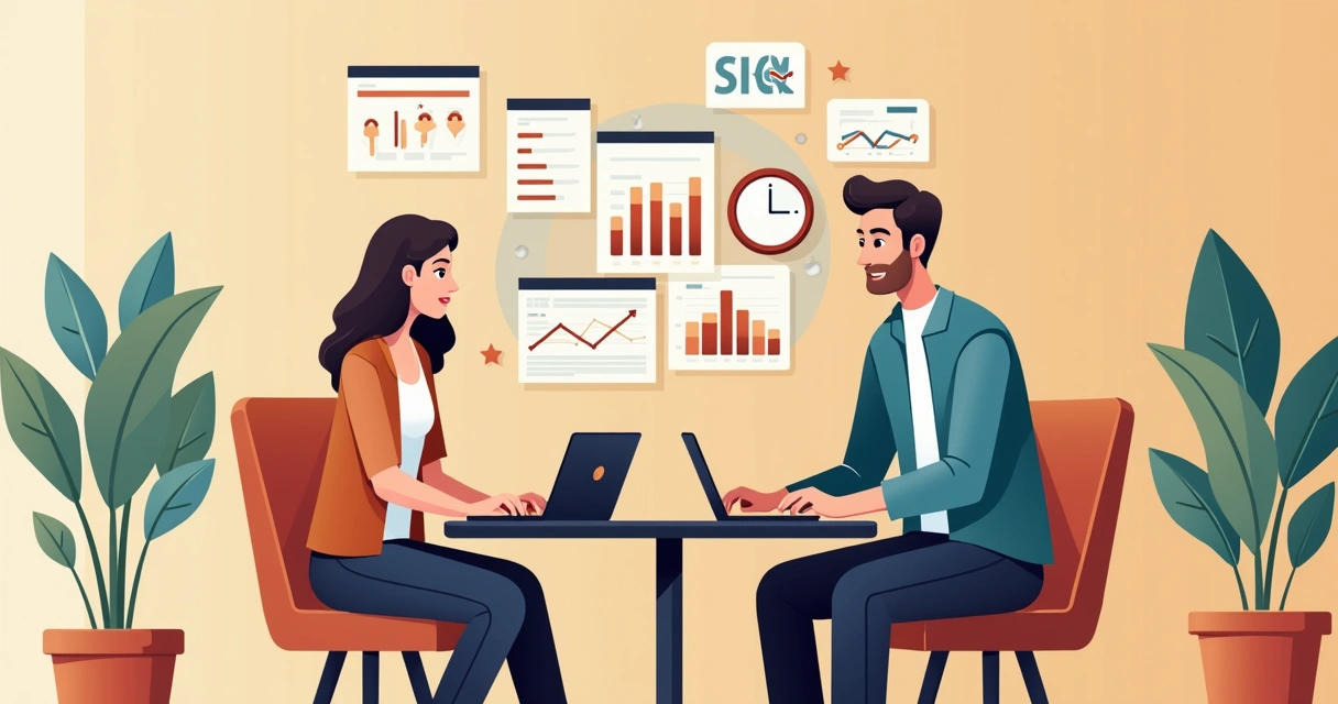 Mentora e vendedor sentados em uma mesa com gráficos de vendas ao fundo