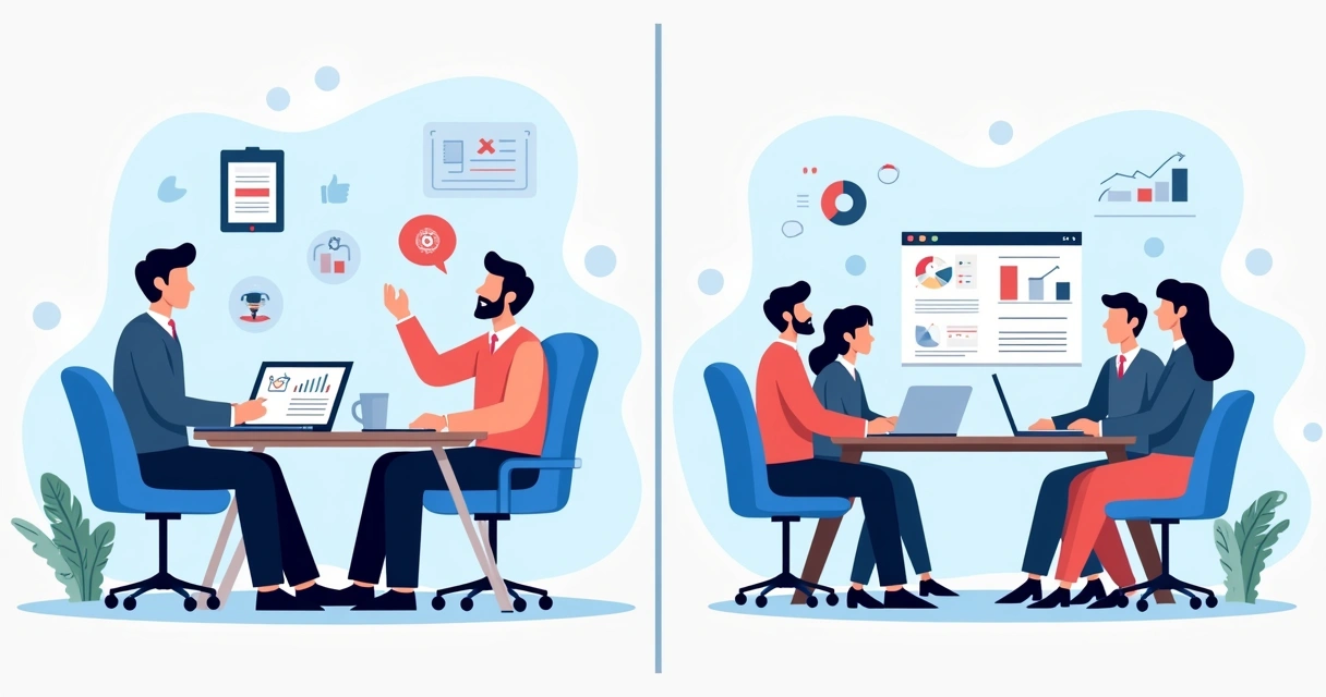 Ilustração corporativa flat mostrando mentoria individual e treinamento em grupo para equipes de vendas 