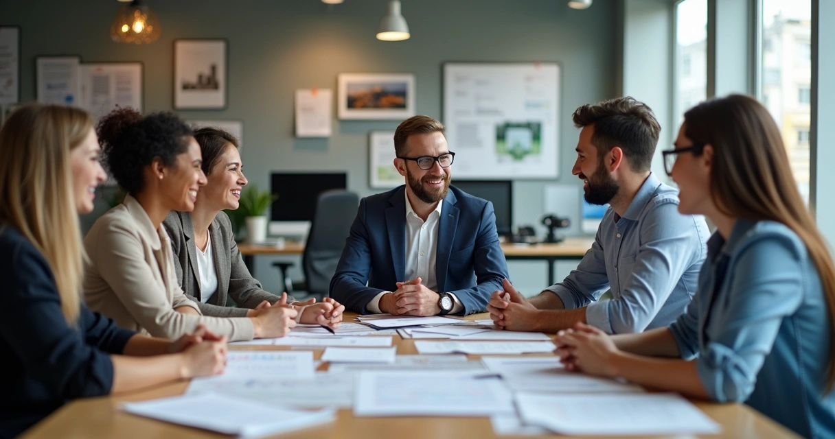 Mentoria entre corretores experientes e novos em ambiente digital, em frente a computadores 