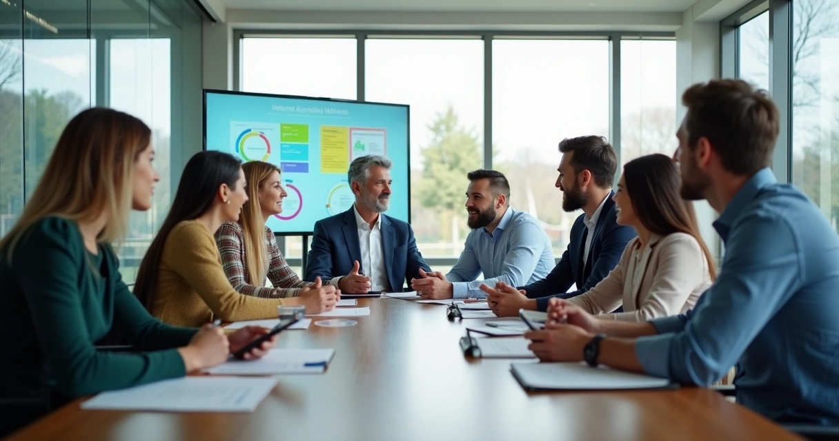 Sala de reunião com líderes de diferentes idades trocando ideias. 