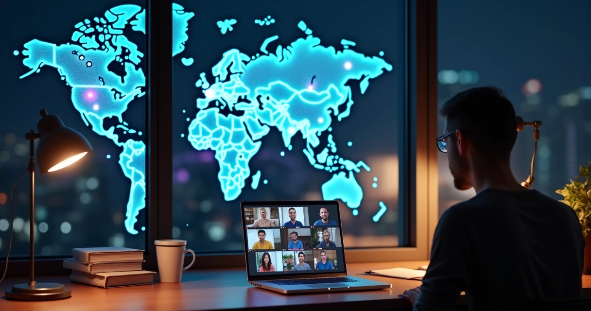 Mentor conduzindo mentoria internacional em videoconferência com mapa-múndi ao fundo 