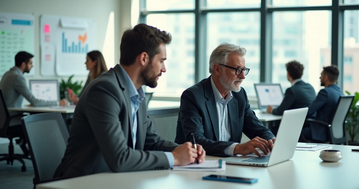 Líder experiente sendo orientado por jovem talento em reunião colaborativa 