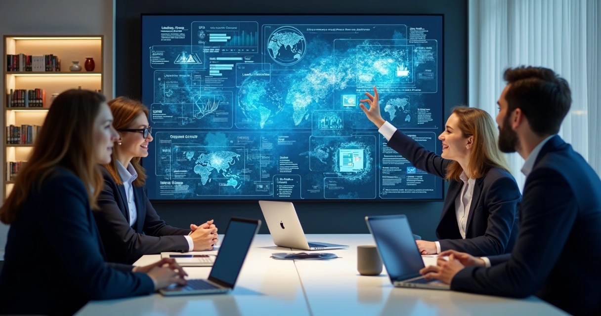 Advogados em videoconferência analisando gráficos virtuais 