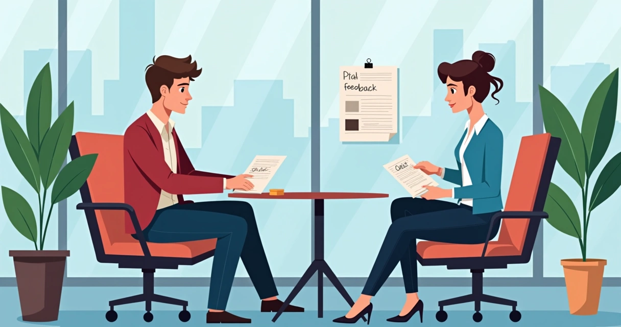 Líder e gestor em diálogo privado em escritório, trocando feedback. 