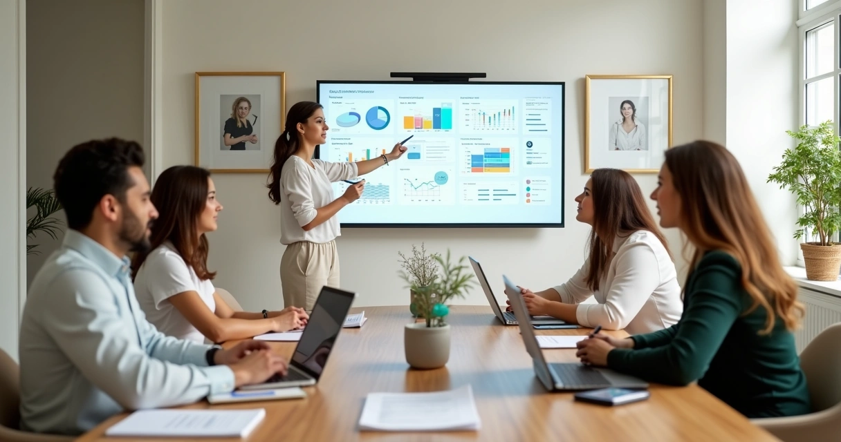 Mentora de marketing orientando equipe de clínica em reunião estratégica 
