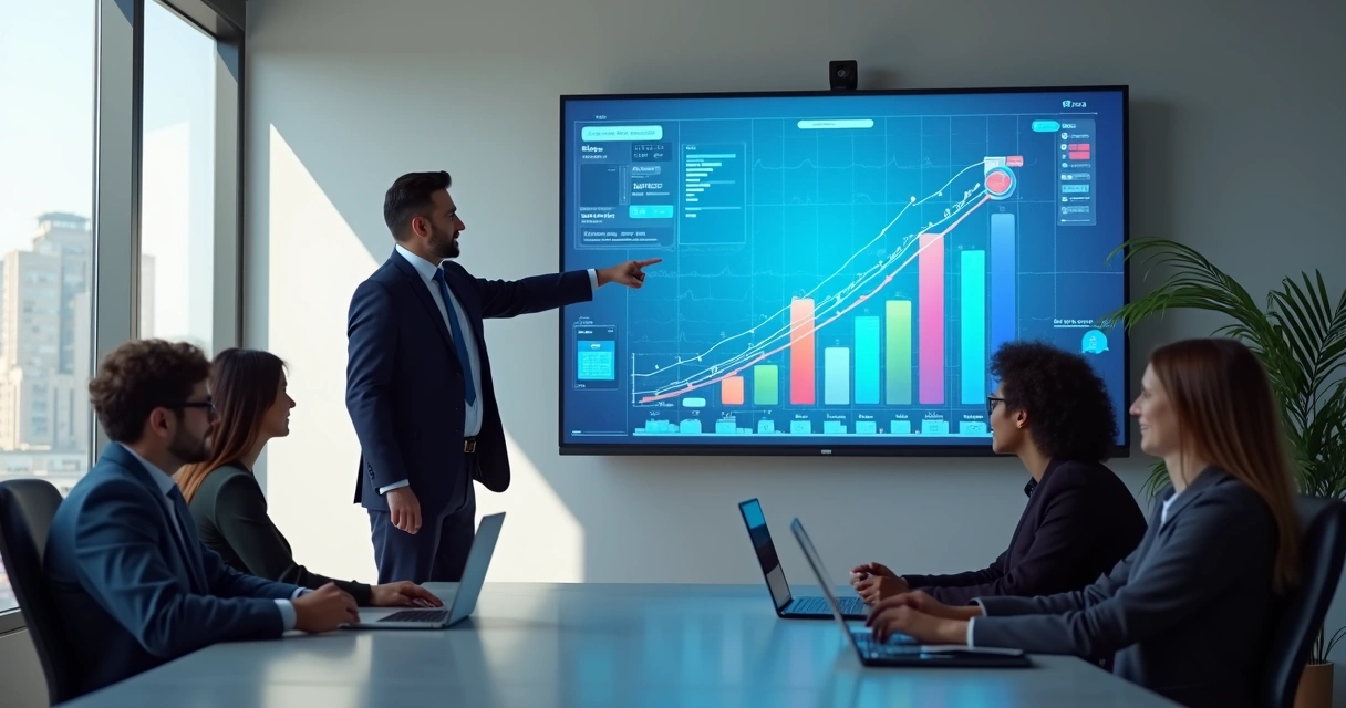 Mentor orientando grupo de pessoas em reunião com gráficos e telas digitais ao fundo 