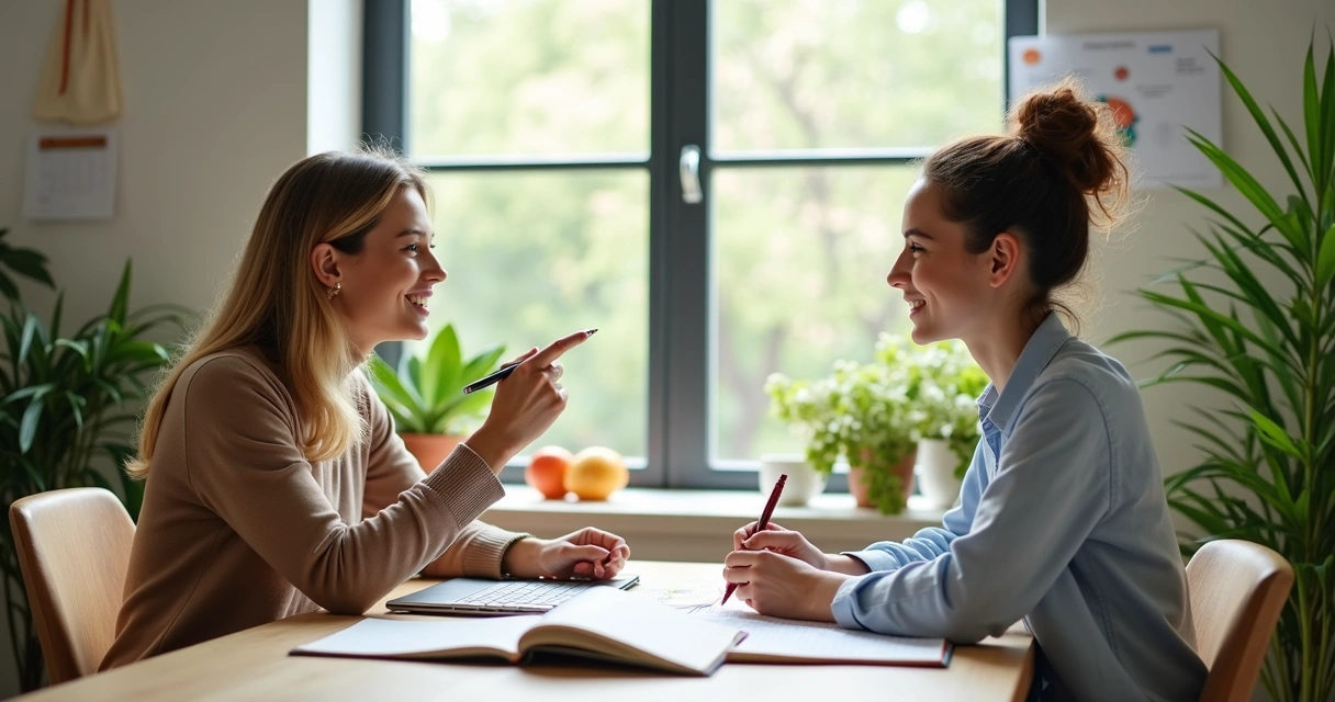 Nutricionista orientando profissional em consultório 