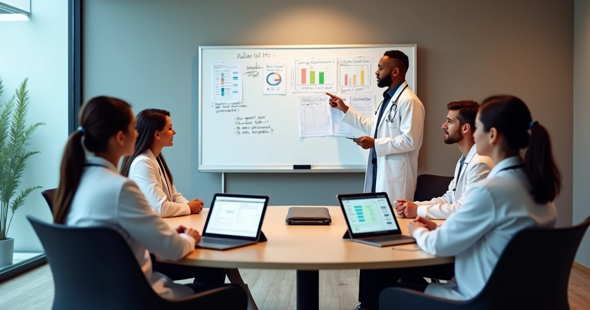 Nutricionistas em roda de discussão com mentor na frente, quadro com anotações sobre evolução de pacientes ao fundo. 
