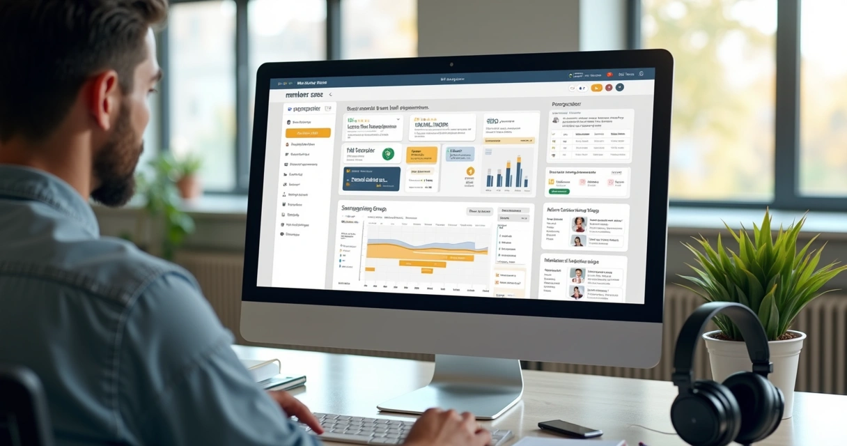 Tela de área de membros para mentoria online com dashboard, videochamada e materiais digitais organizados 