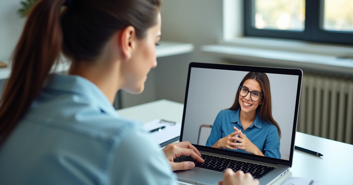 Mulher explicando conceitos em reunião online de mentoria pelo notebook 