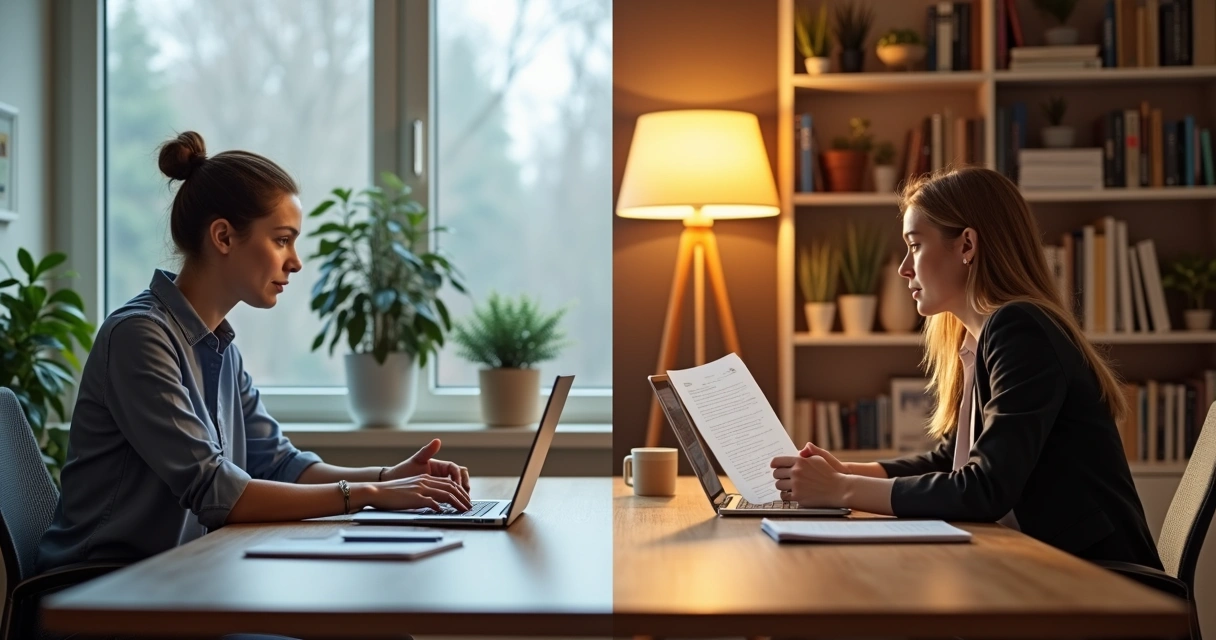 Divisão nítida entre sessão de mentoria online com mentor e aluno em videochamada e sessão presencial com mentor e aluno sentados frente a frente numa sala iluminada 