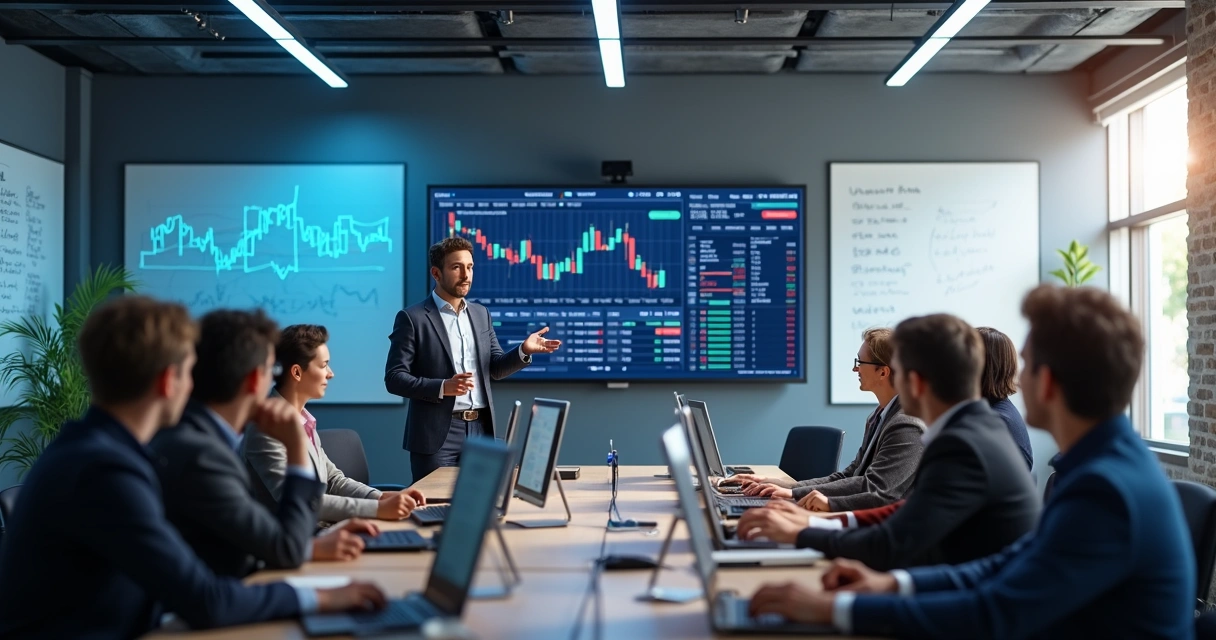 Sala de mentoria presencial com mentor e alunos em computadores