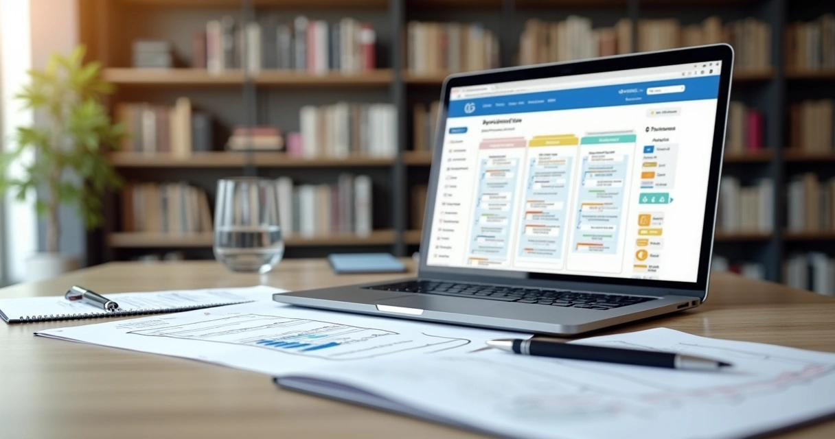 Notebook, papéis e caneta mostrando planejamento de curso digital 