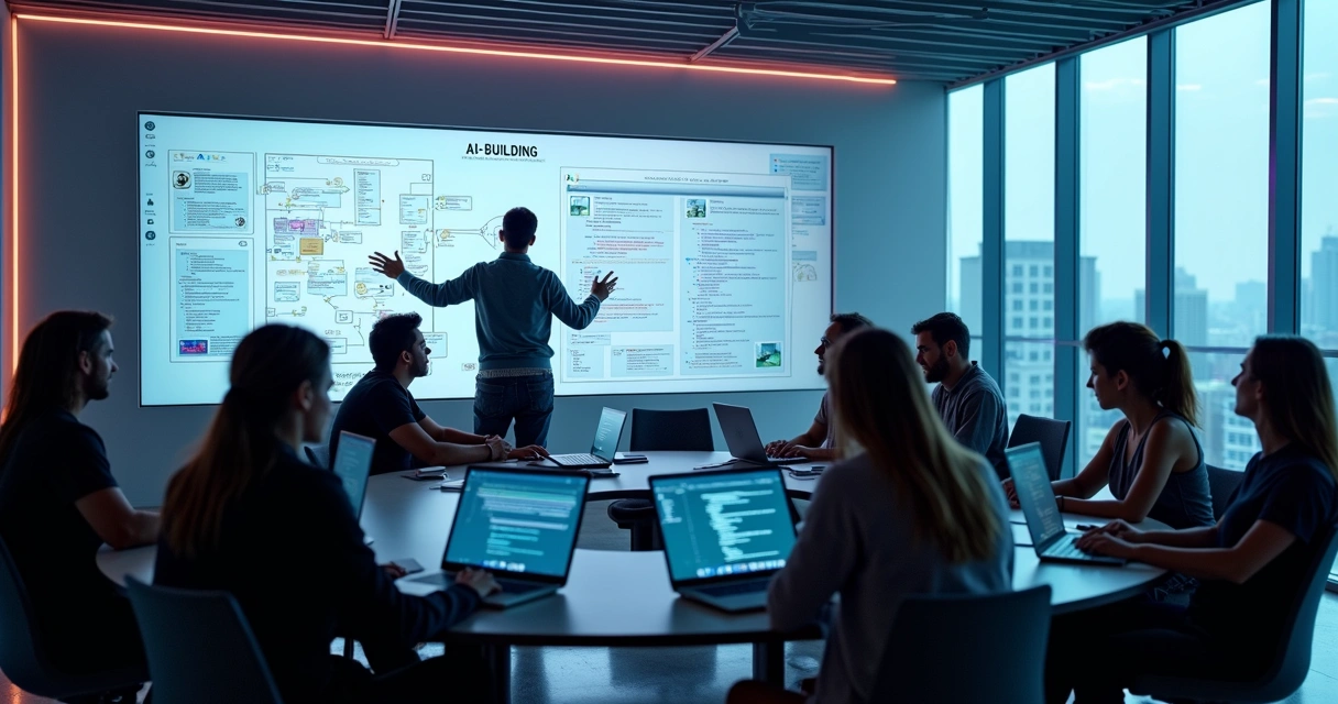 Grupo em mentoria de programação com IA em sala moderna 