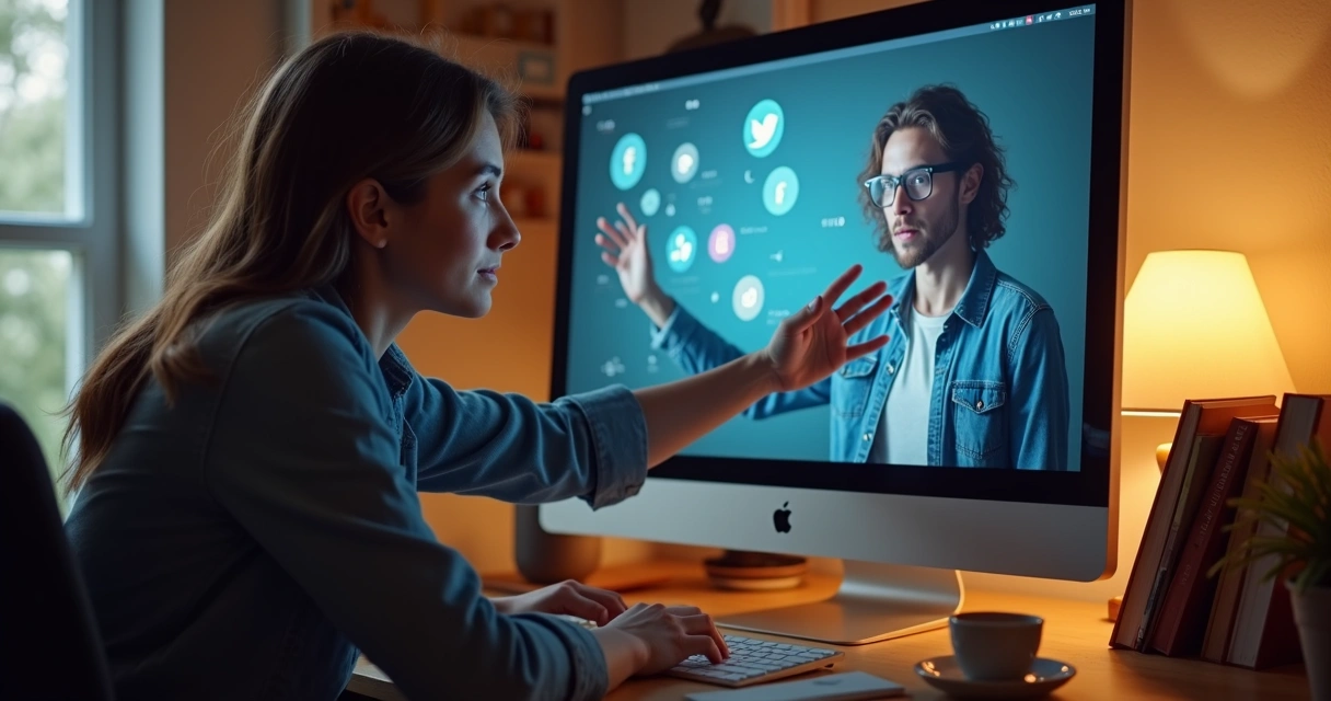 Persona guiando a otra en redes sociales desde una pantalla 