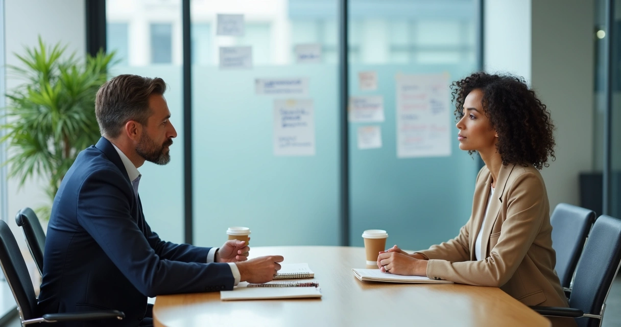Mentor e nova liderança em reunião com quadro de anotações