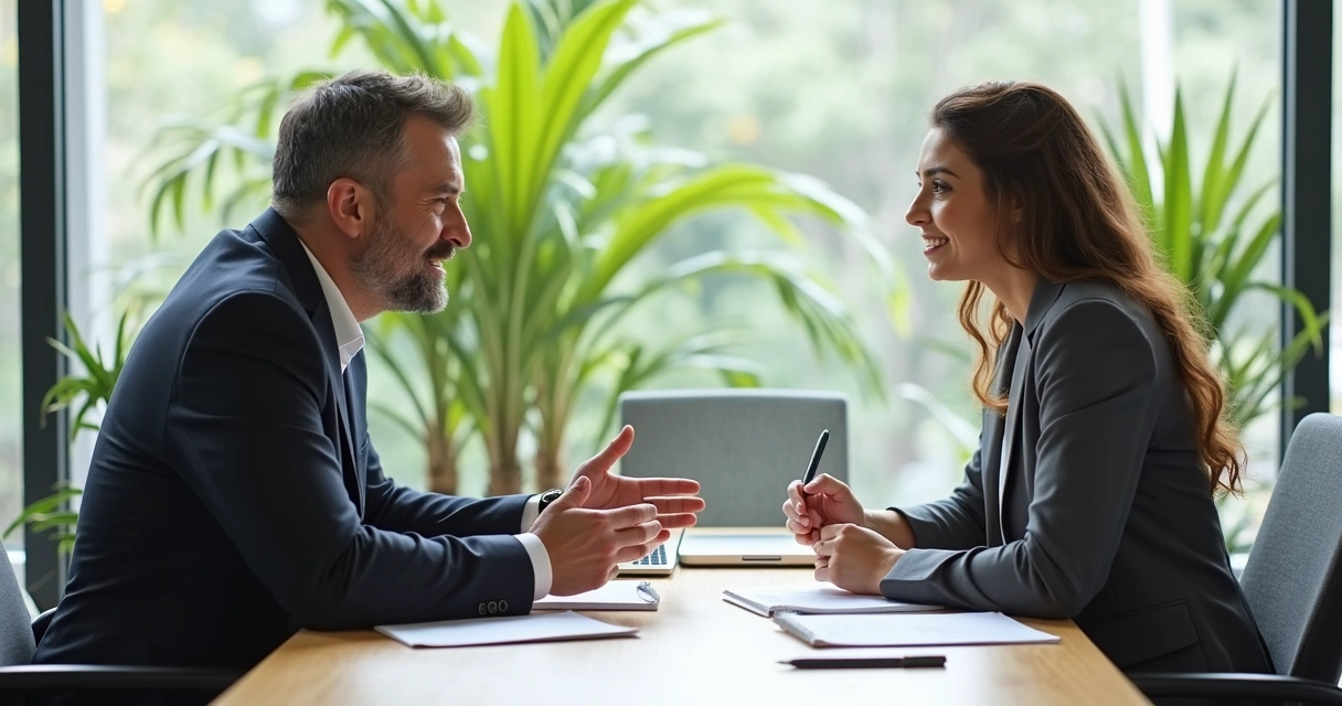 Mentor e mentorado conversam em mesa de escritório, com papéis e laptop 