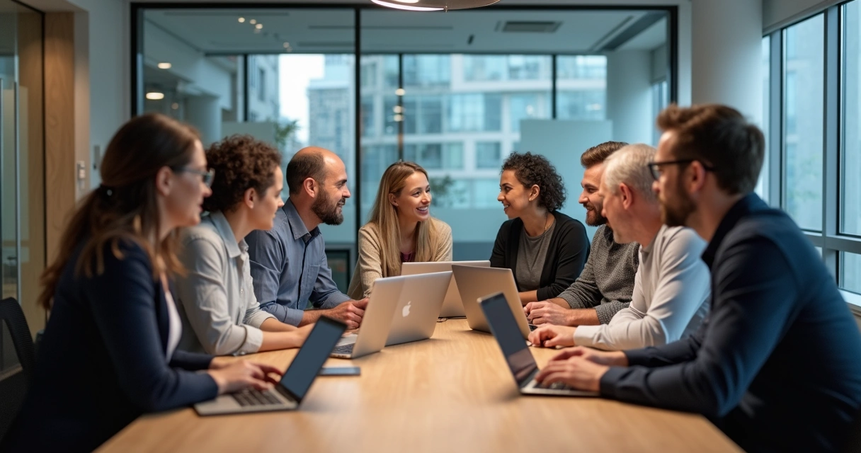 Equipe de tecnologia com membros jovens e seniores em discussão.