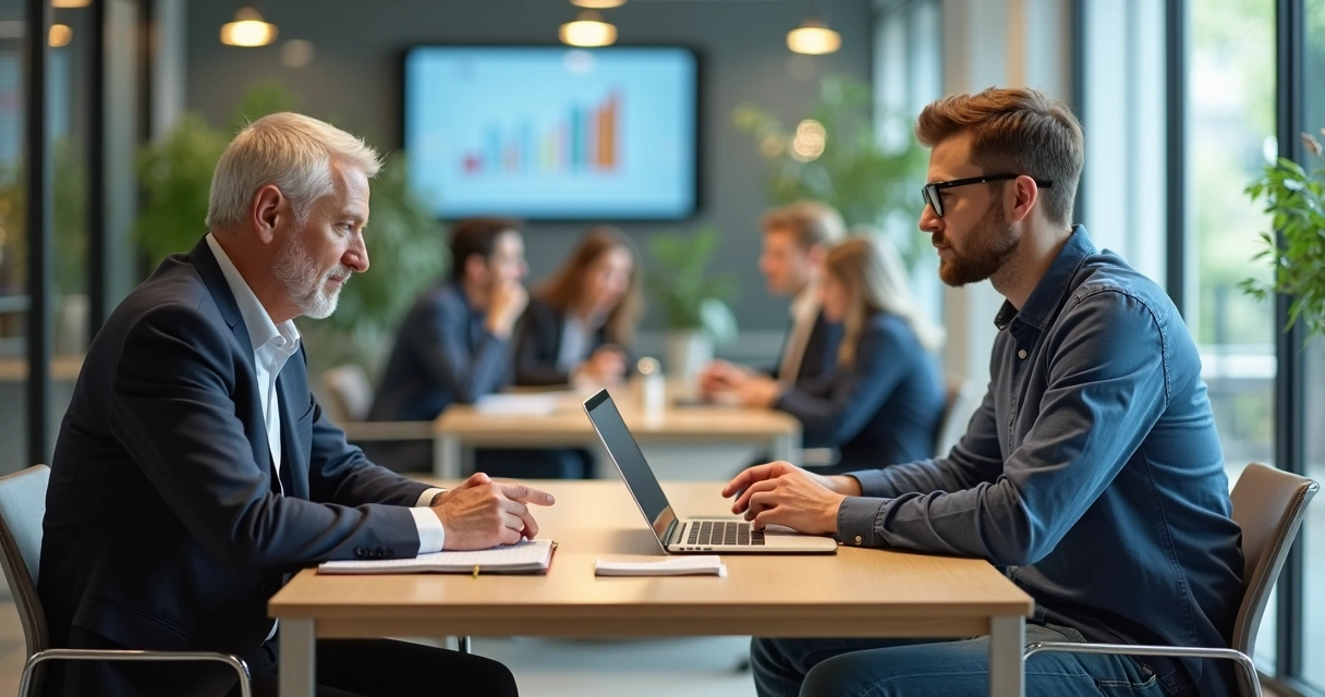 Profissionais de gerações diferentes em sessão de mentoria reversa em escritório moderno 