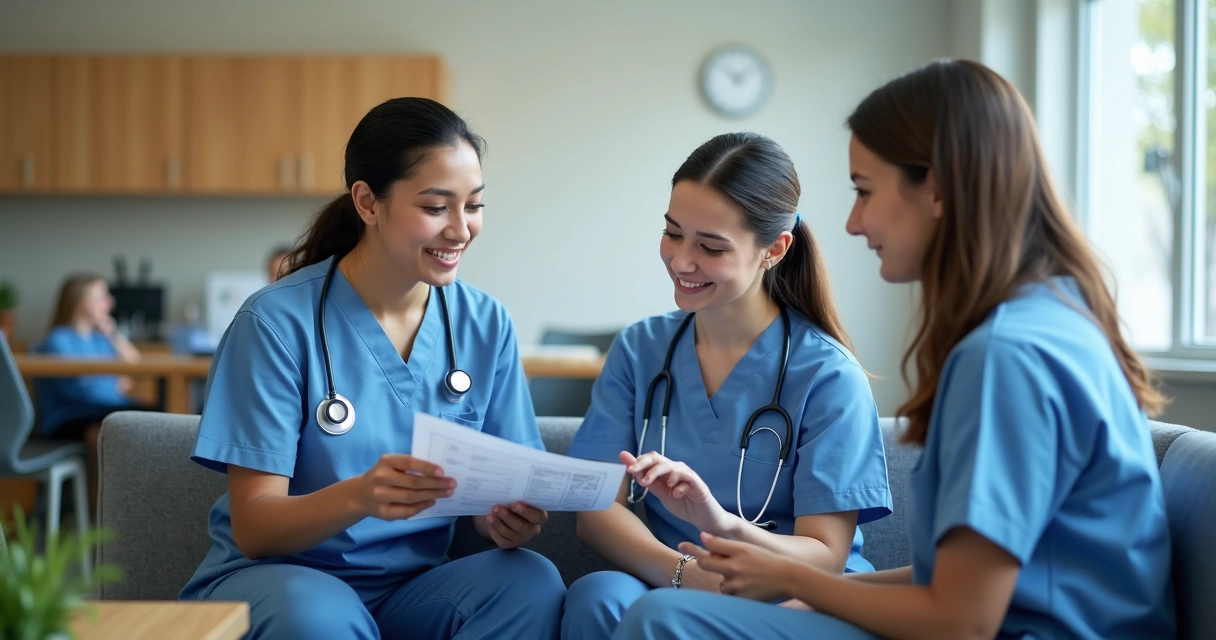 Profissionais de saúde em mentoria, conversando em ambiente hospitalar 