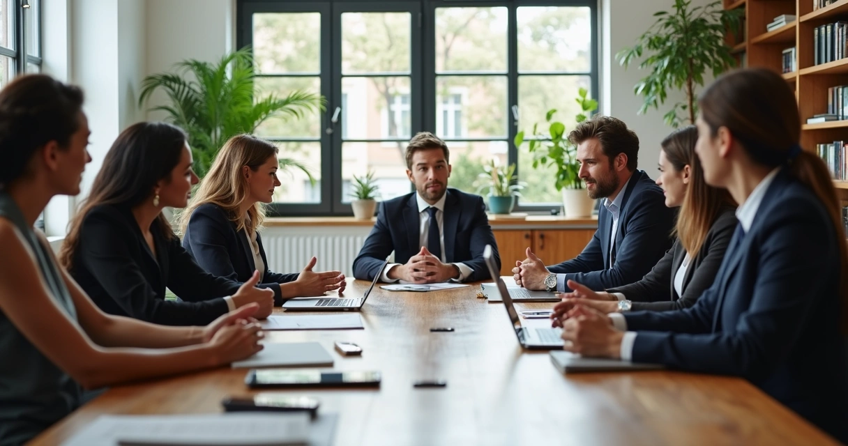 Sessão de mentoria com advogados reunidos em escritório moderno discutindo documentos jurídicos 