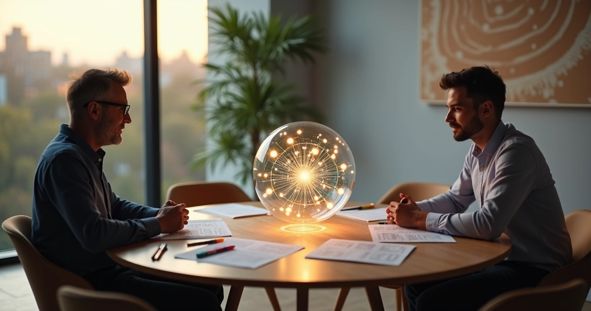 Mentor e profissional observam esfera luminosa com conexões em ambiente de mentoria sistêmica 