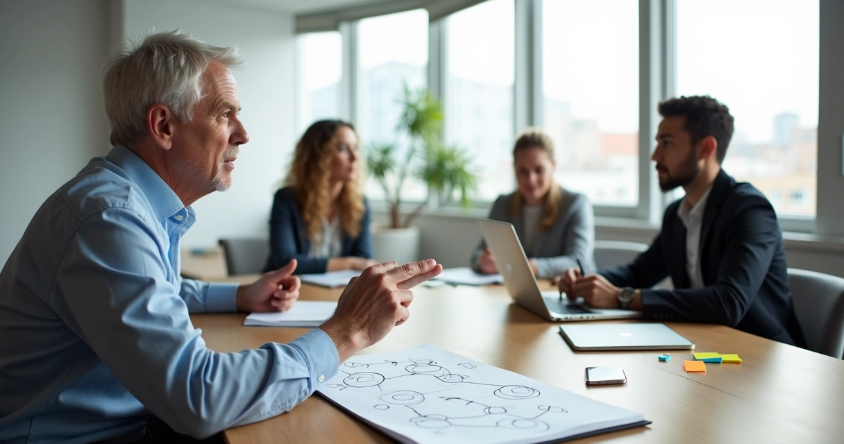 Mentor orientando jovem líder em reunião com equipe em escritório moderno 