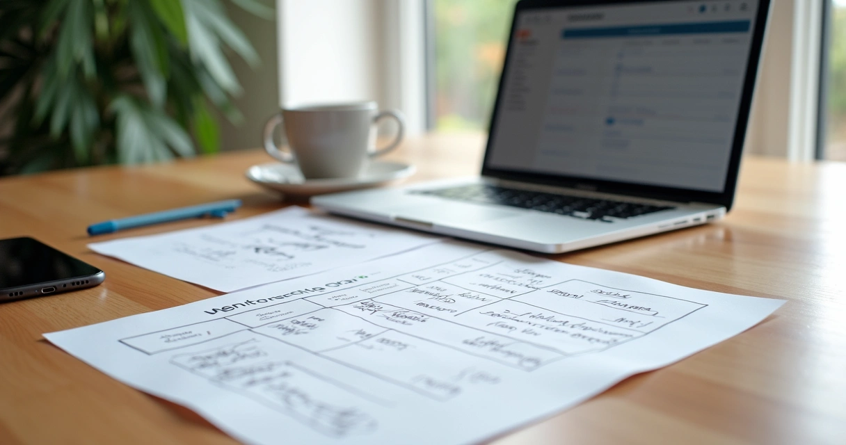 Plano de mentoria detalhado com anotações e laptop sobre mesa de madeira 